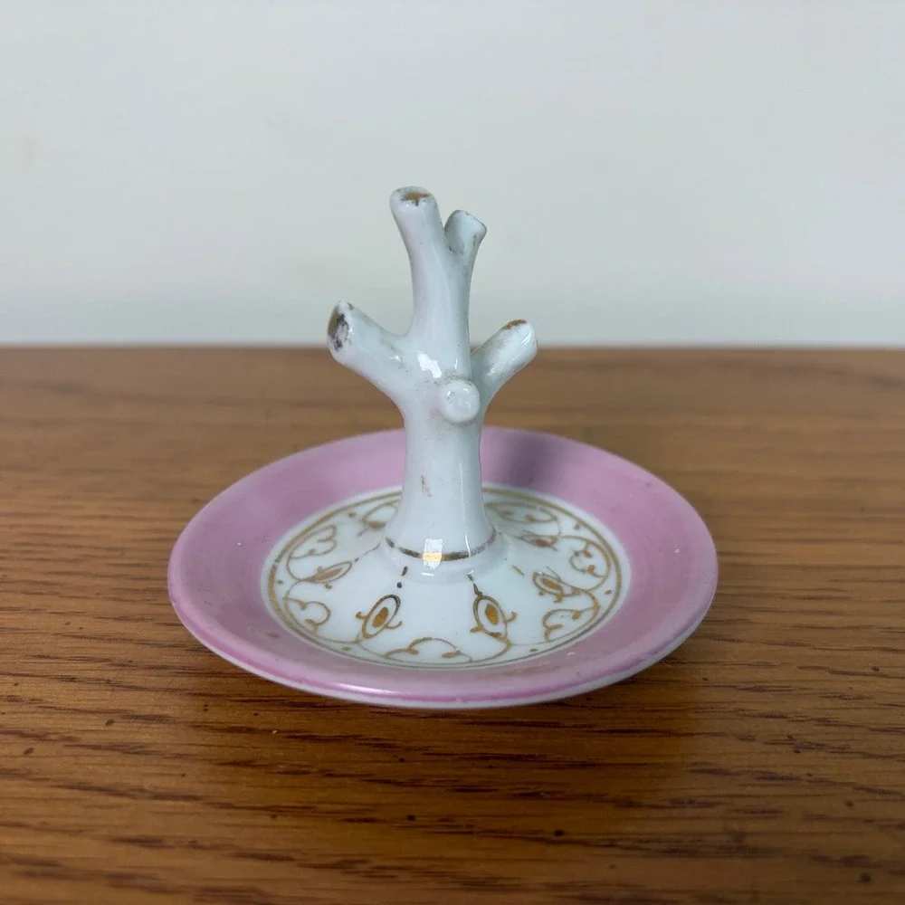 Vintage Porcelain Tree Branch Ring Holder Trinket Dish Pink Gold Scroll